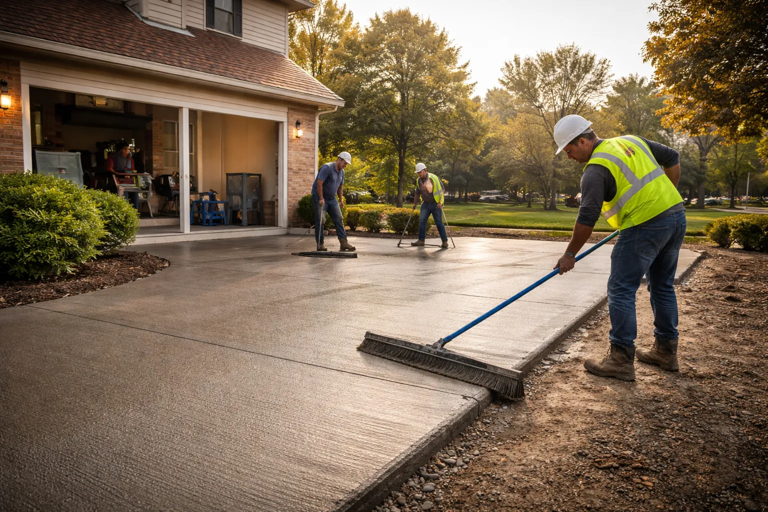 Concrete crew broom-finishing a residential driveway in soft daylight.