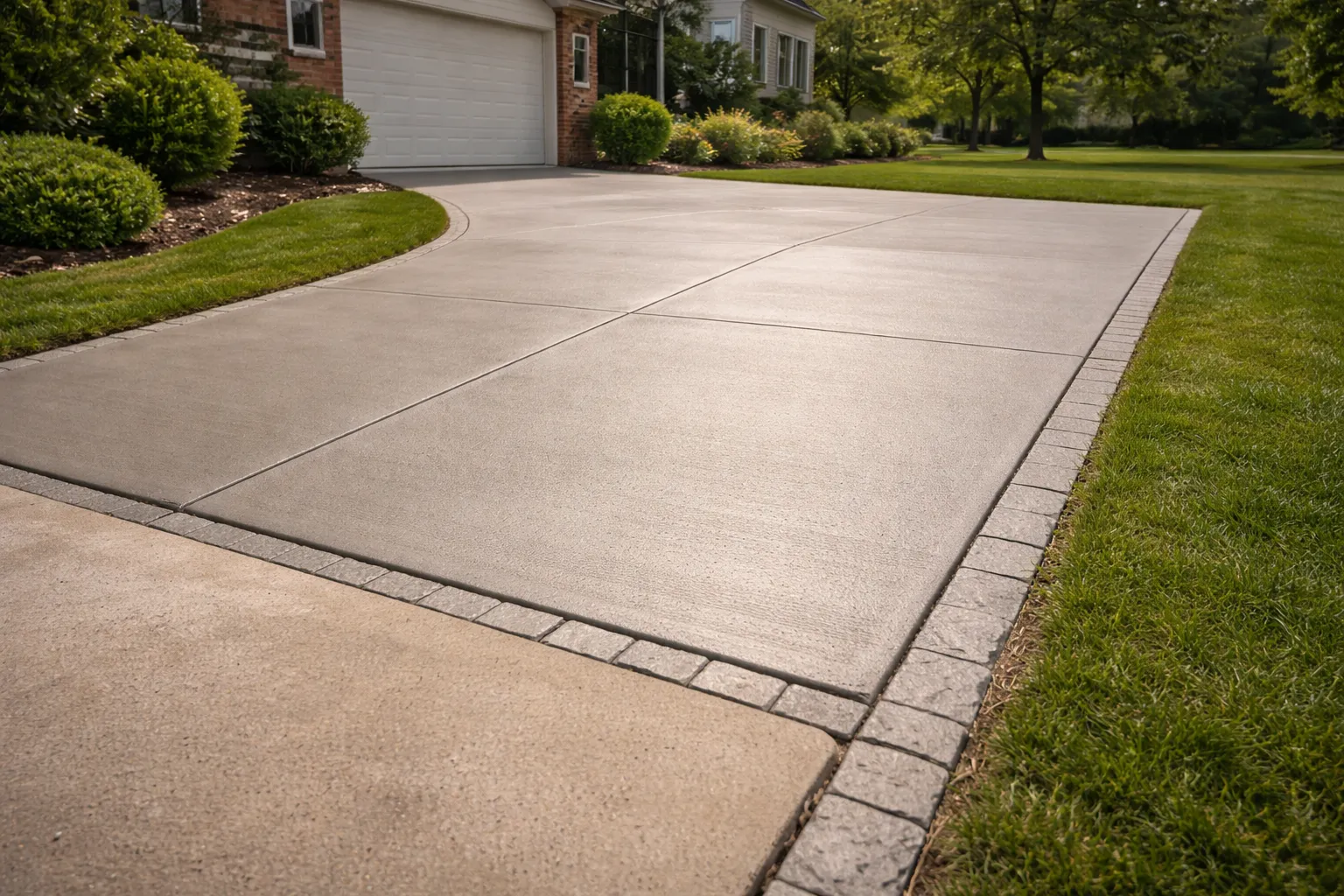New residential concrete driveway with clean edges and slope.
