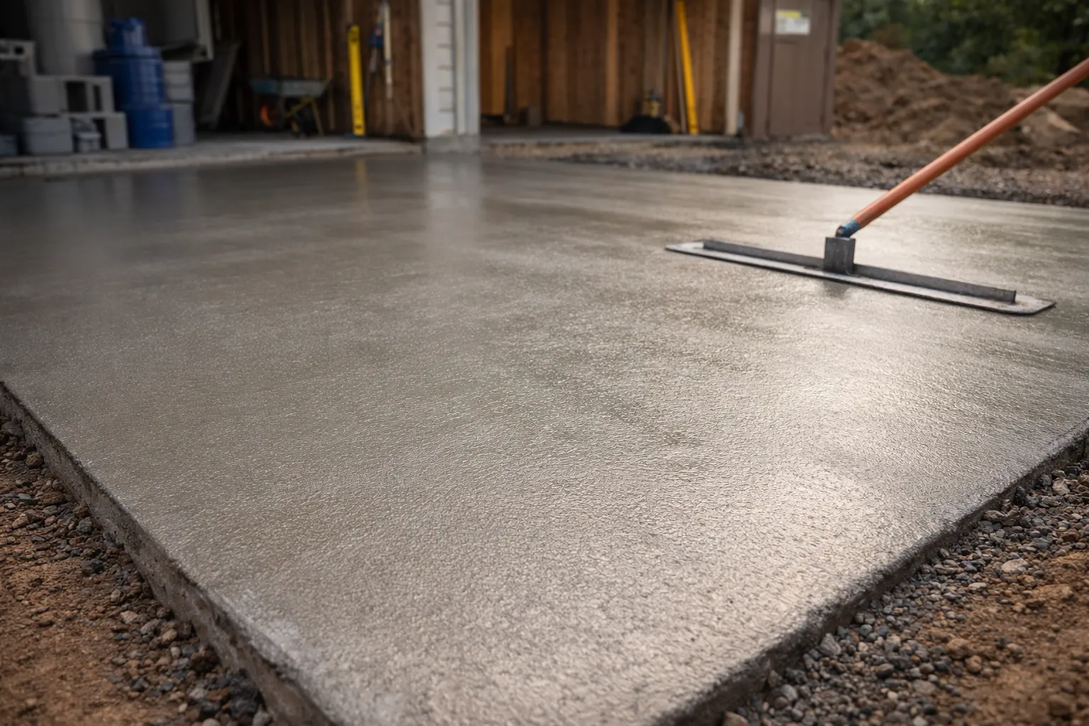 Freshly poured garage slab with clean edges and formwork.
