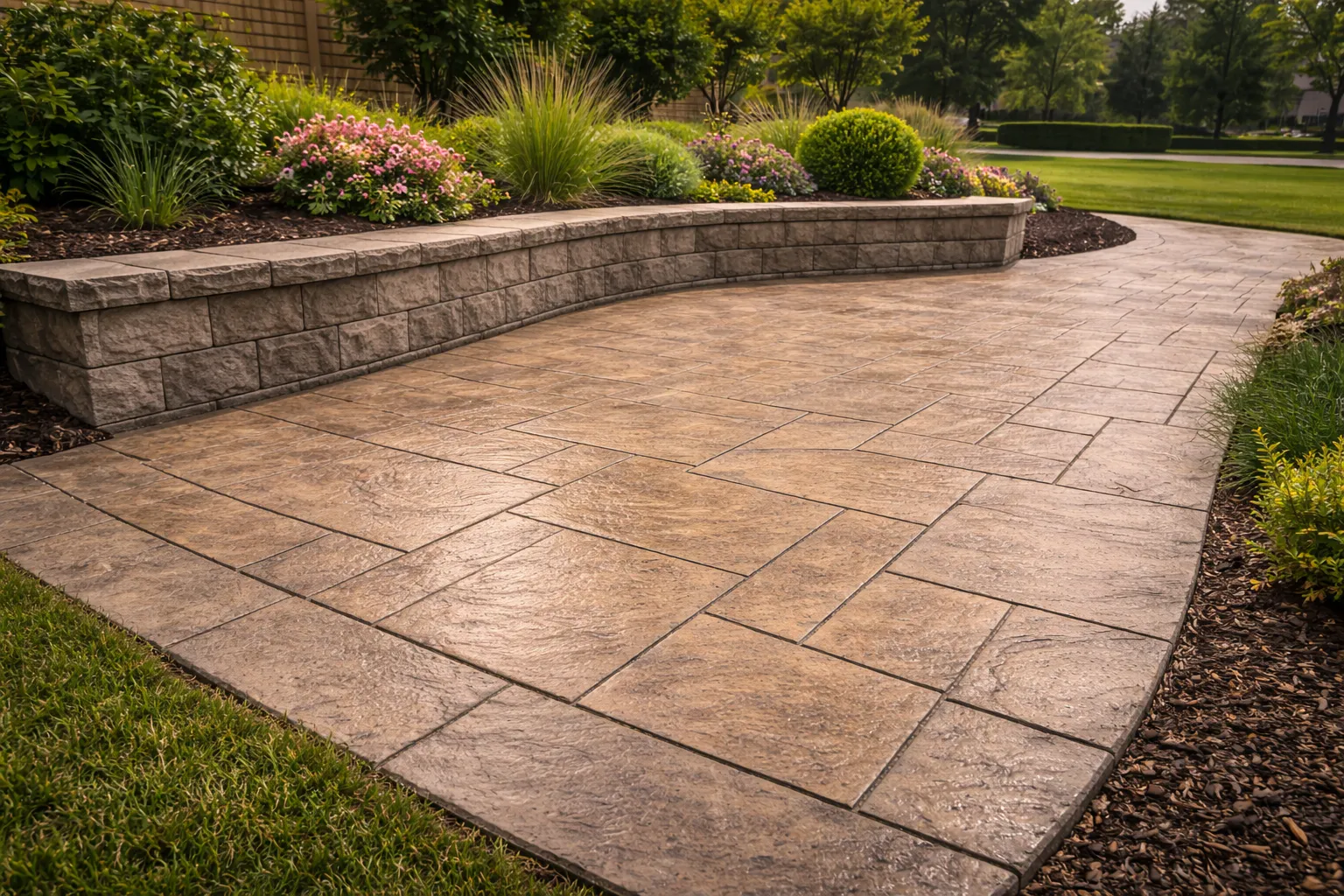 Stamped concrete patio with a low seating wall in a backyard.