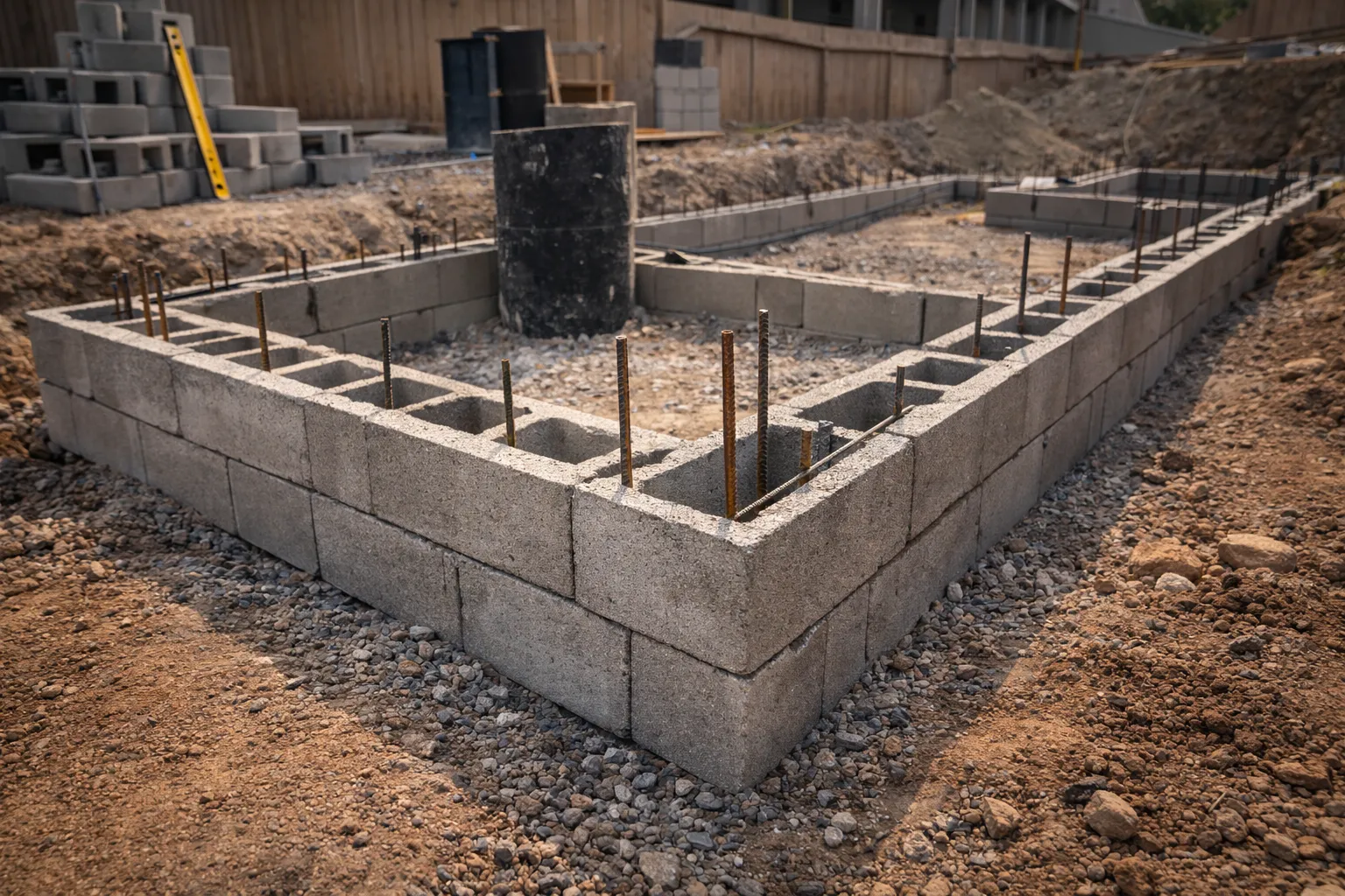 Residential foundation footing work with clean lines and block.