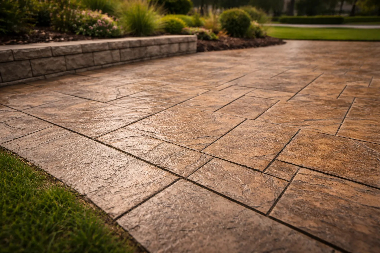 Stamped concrete patio with subtle texture and clean pattern lines.